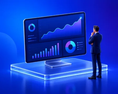 Business executive reviewing a financial analytics dashboard with growth charts, KPI metrics, and reporting insights