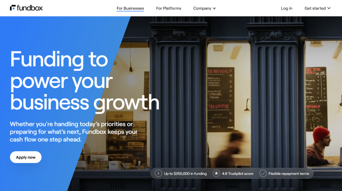 Fundbox business funding platform homepage promoting cash flow financing and flexible funding solutions for growth
