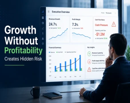Executive analyzing revenue growth, profit margins, and cash flow dashboard highlighting hidden profitability risks