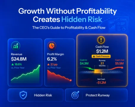 Dashboard showing revenue growth, declining profit margin, and cash flow pressure to explain hidden profitability risks for CFOs.