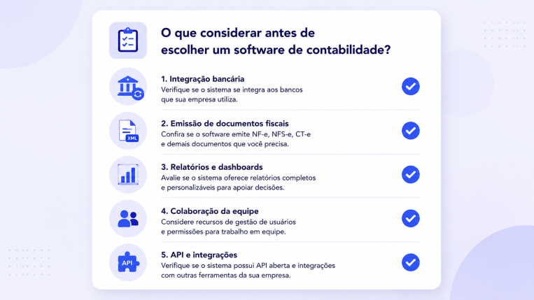 Checklist for choosing accounting software in Brazil including banking integration dashboards API and fiscal documents