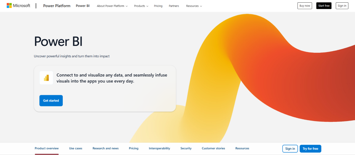 Microsoft Power BI homepage showcasing data visualization, analytics dashboards, and business intelligence tools