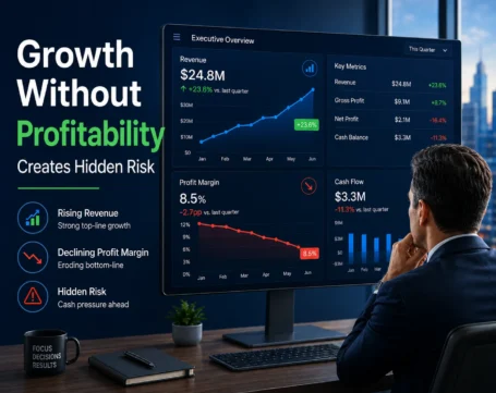 Executive reviewing profitability dashboard with revenue growth, declining margins, cash flow, and business risks