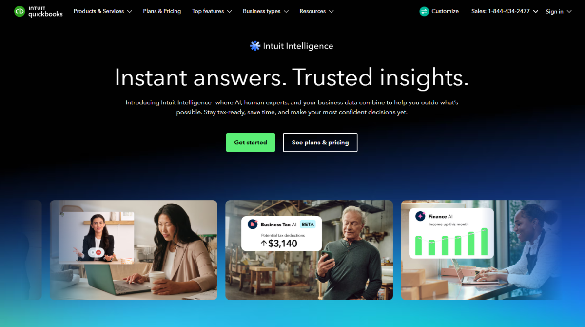 QuickBooks Intuit Intelligence homepage showcasing AI-powered financial insights, business analytics, and automation tools