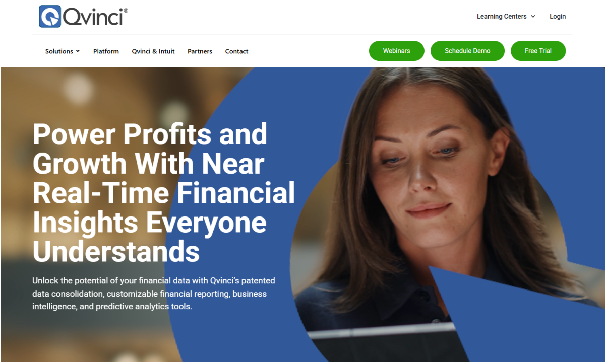 Qvinci financial analytics platform homepage with real-time reporting, business intelligence, and predictive insights
