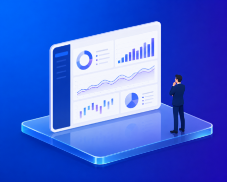 Business professional analyzing a real-time analytics dashboard with charts, graphs, and financial insights