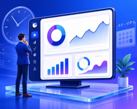 Business professional reviewing a real-time analytics dashboard with charts, KPIs, calendar, and reporting data