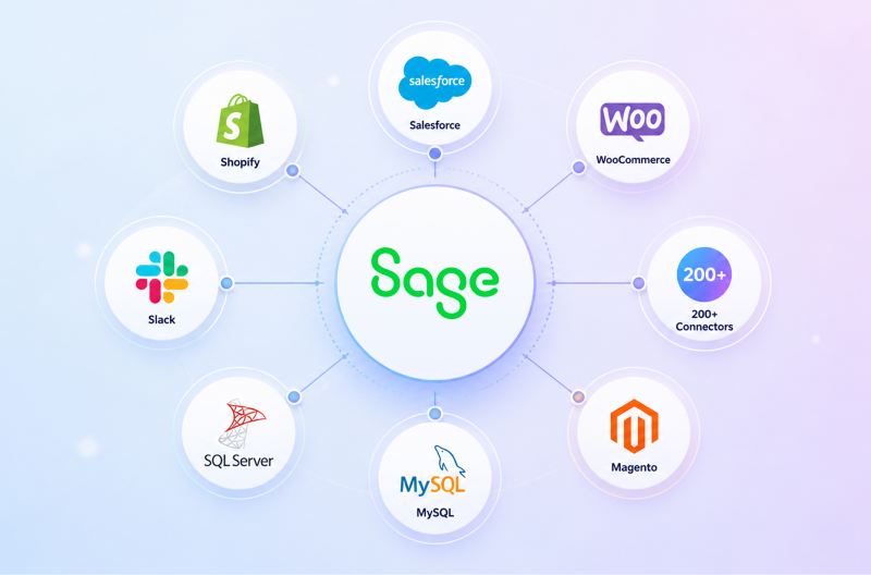 Sage integration ecosystem connecting Shopify Salesforce WooCommerce Magento SQL Server MySQL Slack and 200 plus apps