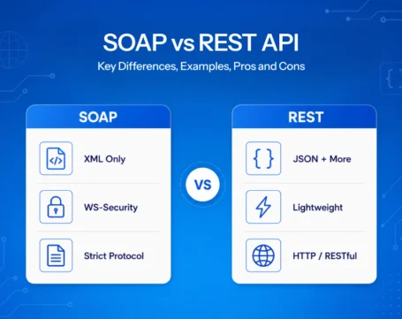 SOAP vs REST API comparison showing key differences, data formats, security, protocols, and performance benefits.
