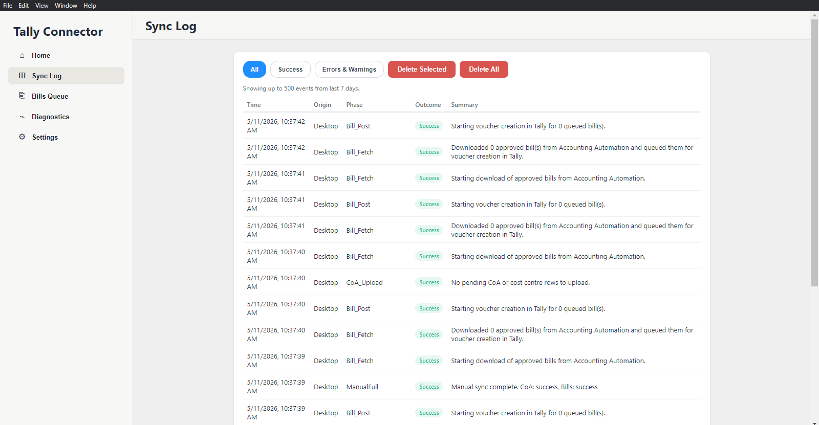 Tally Connector desktop companion Sync Log page showing a chronological list of sync events with time, origin Desktop, phase (Bill_Post, Bill_Fetch, CoA_Upload, ManualFull), outcome all Success in green, and one-line summaries.