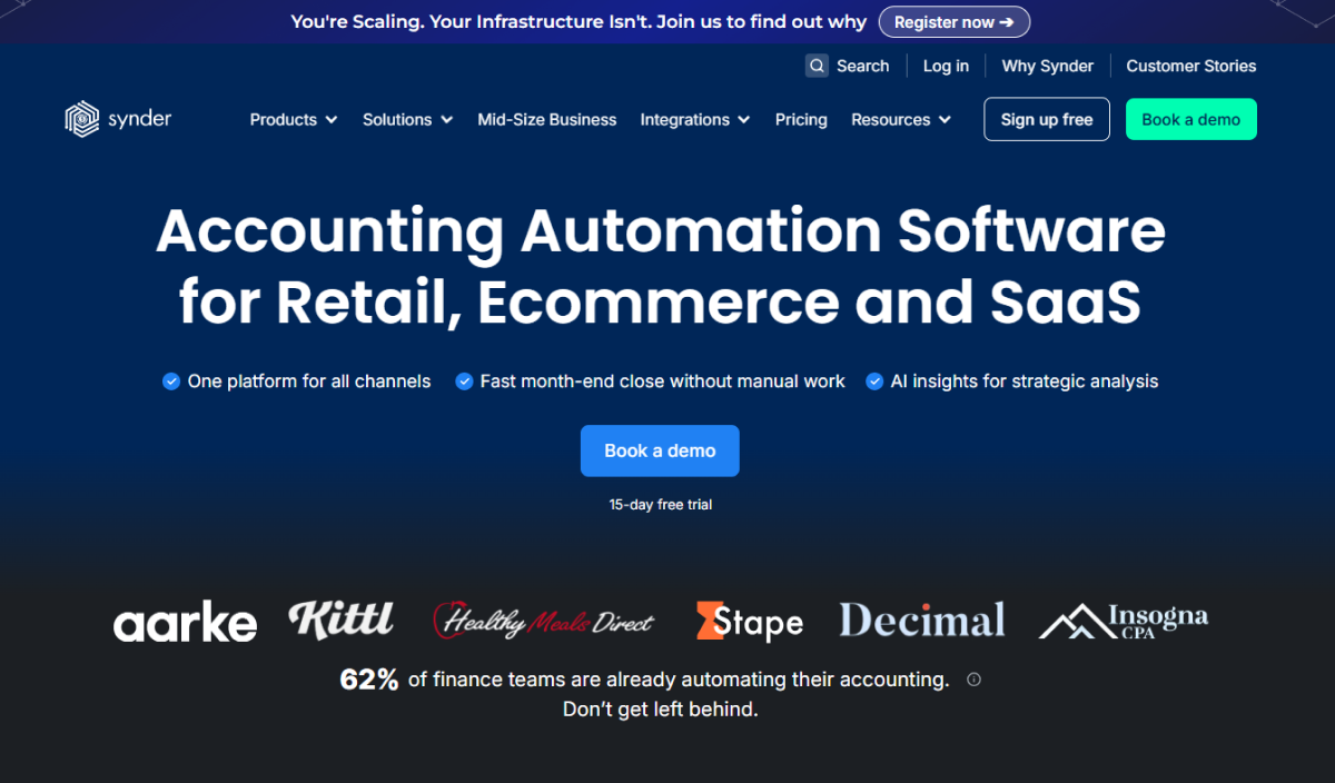 Synder accounting automation software homepage for retail, ecommerce, and SaaS businesses with AI insights