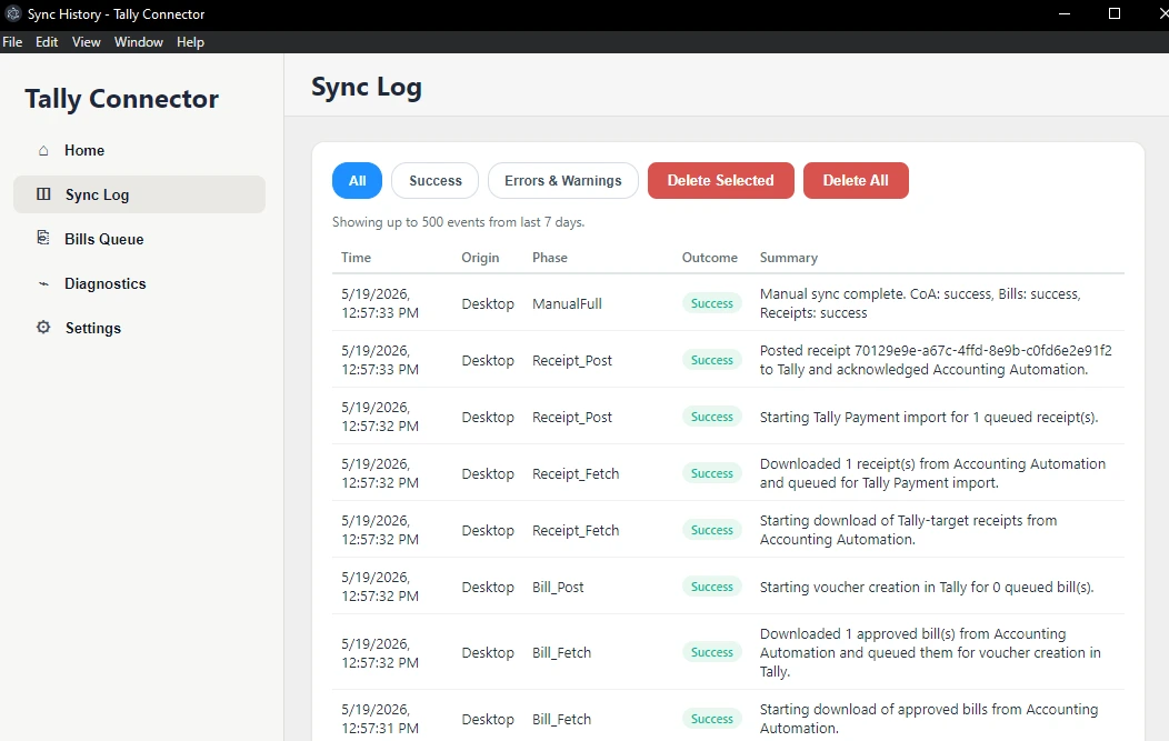 Tally Connector sync log dashboard showing accounting automation events, bill imports, receipts, and sync statuses