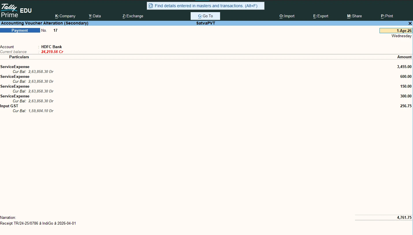 Tally Prime payment voucher screen showing automated receipt posting with expense entries and GST allocation details