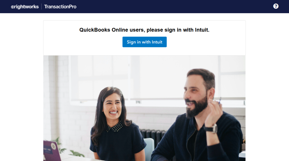Transaction Pro QuickBooks Online login page with Intuit sign-in access and business collaboration interface
