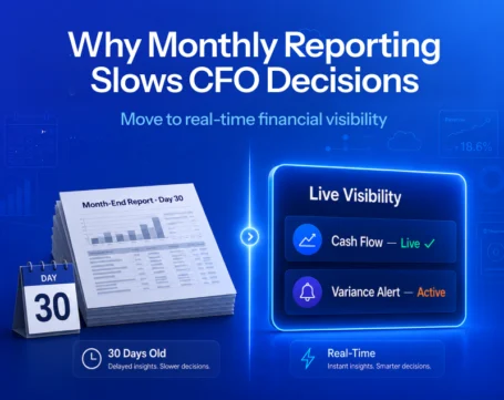 Why monthly reporting slows CFO decisions by delaying insights, compared with real-time financial visibility and alerts.