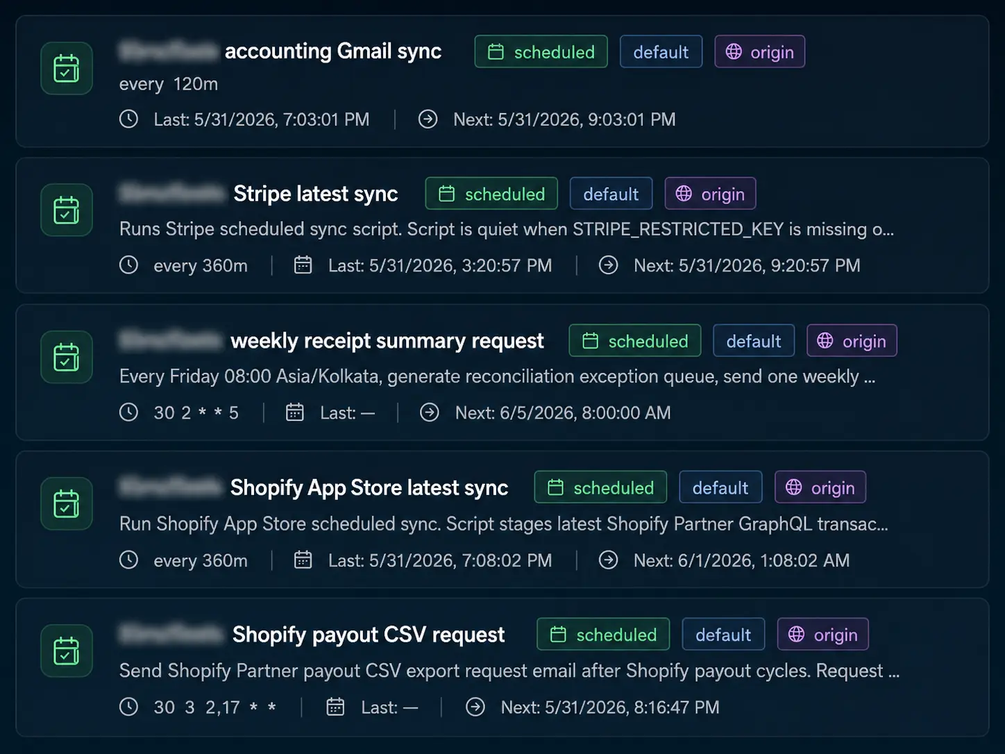 Accounting automation scheduler dashboard showing Gmail, Stripe and Shopify sync jobs with scheduled workflow status.