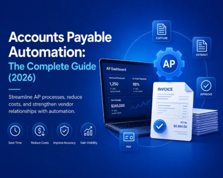 Accounts payable automation dashboard showing invoice capture, extraction, approval, payment workflows, and AP analytics.