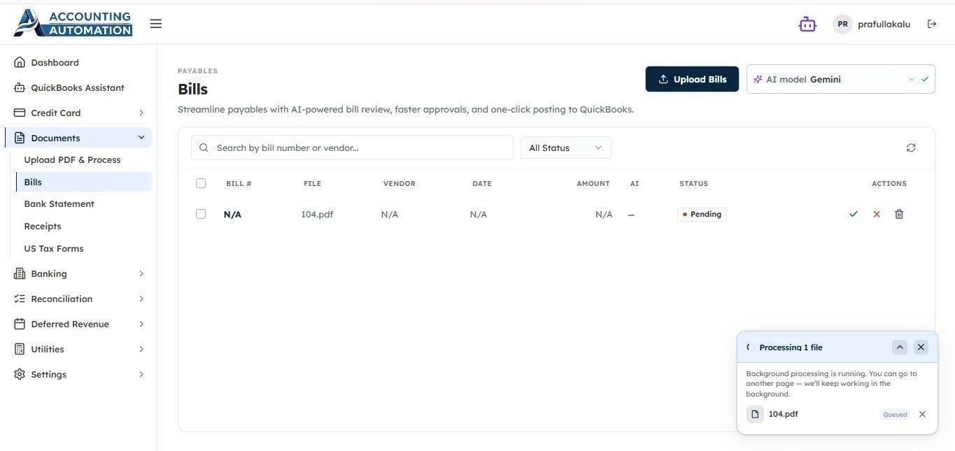 Bills list showing uploaded bill with Pending status and background processing notification