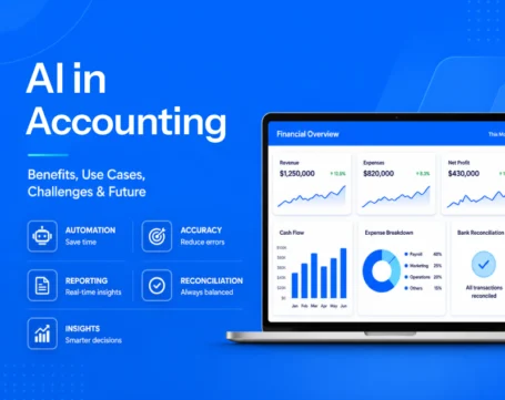 AI in accounting dashboard illustrating automation, reporting, reconciliation, accuracy, and financial insights with real-time analytics on a laptop.