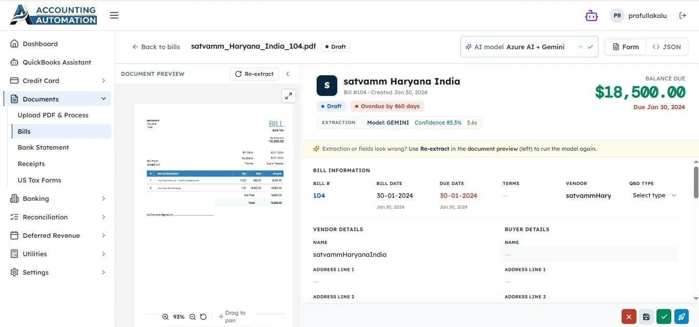 AI extracted bill information,  Bill #, Date, Due Date, Vendor, QBD Type