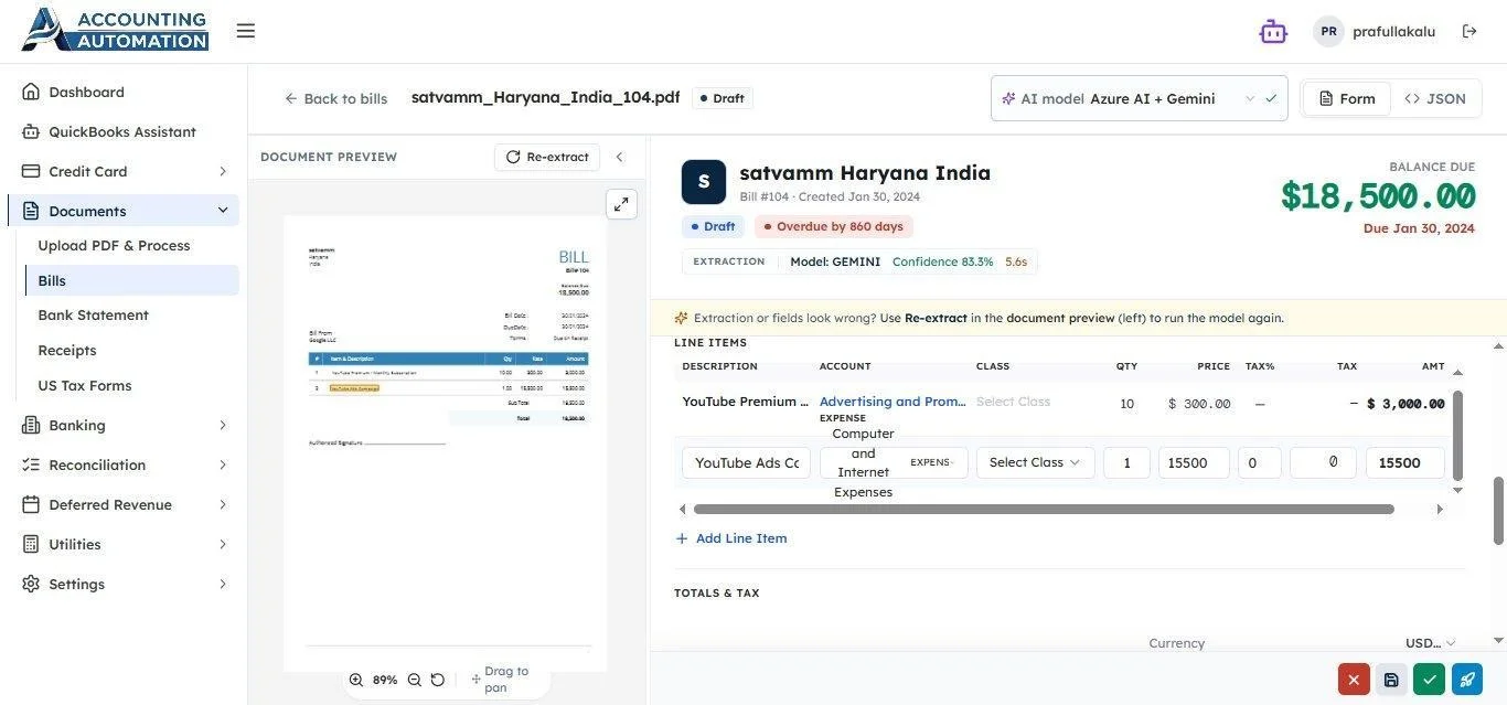 AI line item coding,  GL account mapping in QuickBooks