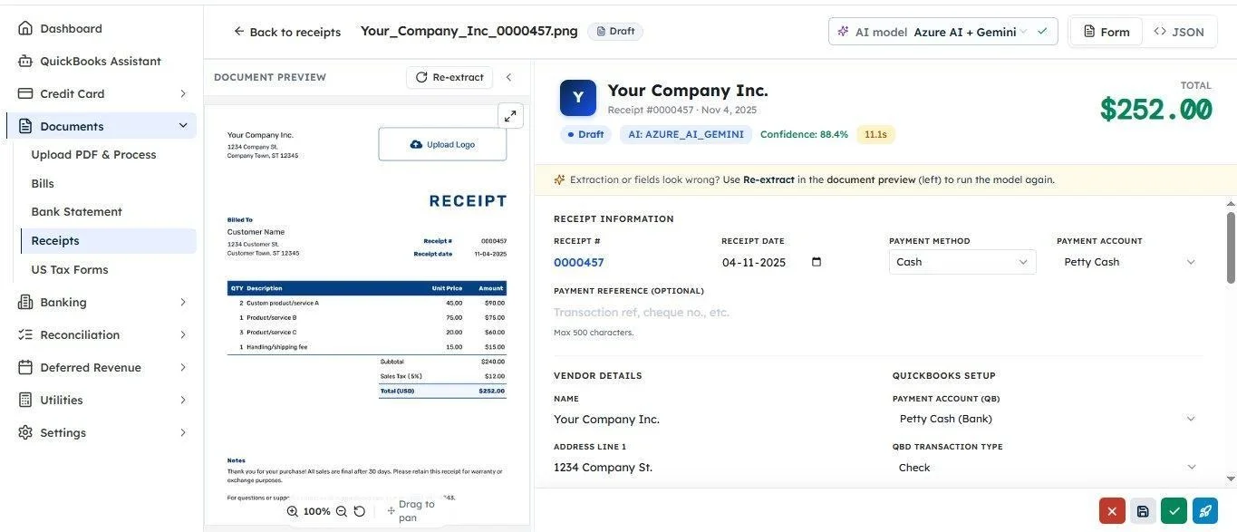 AI receipt data extraction and payment mapping form in QuickBooks Desktop