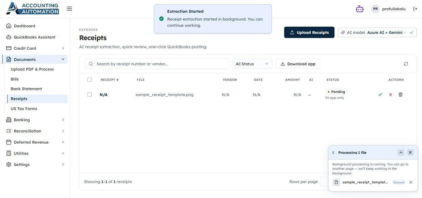 AI receipt extraction processing queue in QuickBooks Desktop automation platform