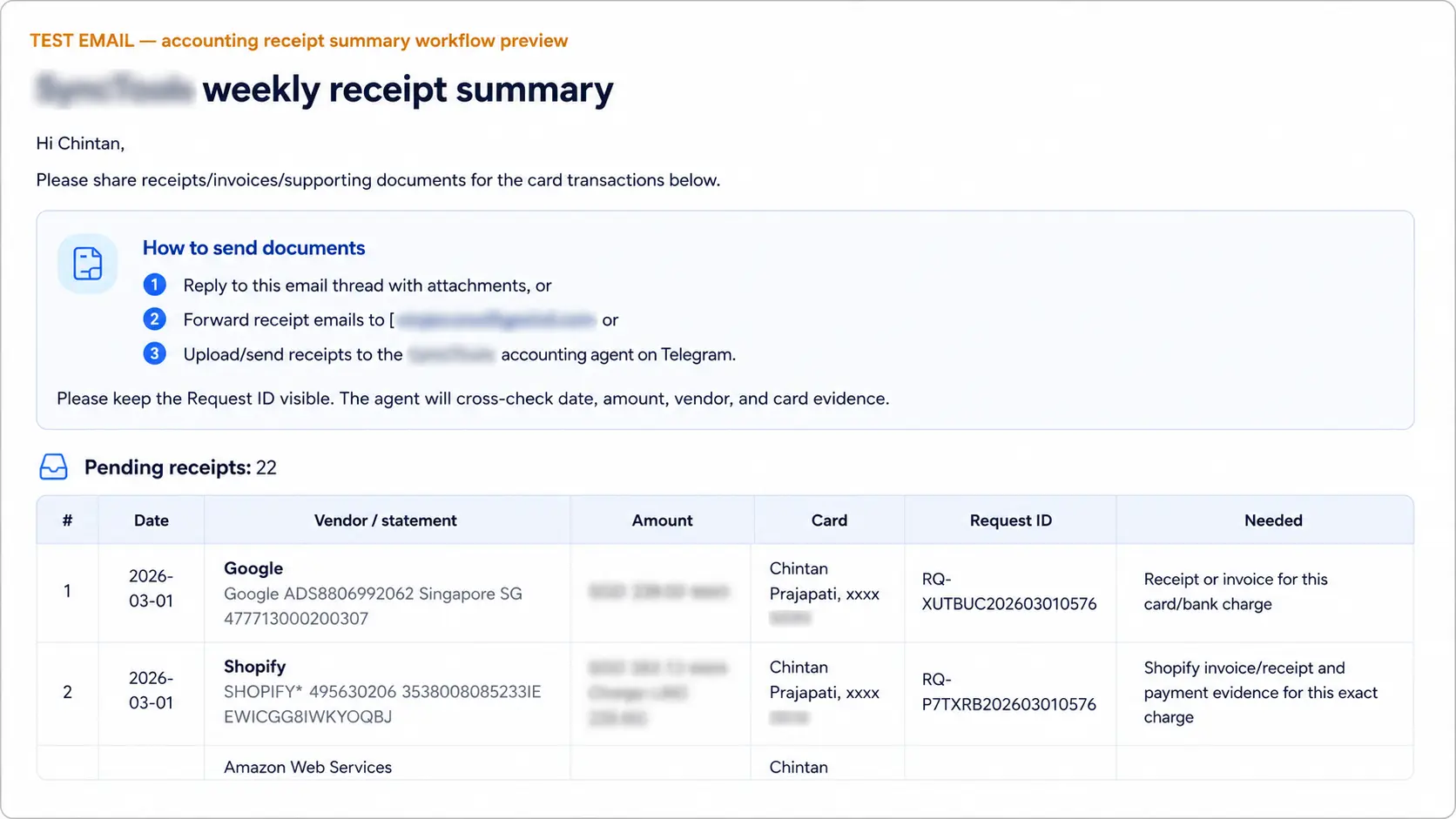 Shopify Partner payout CSV export request email showing payout period, export steps, reconciliation details and workflow.