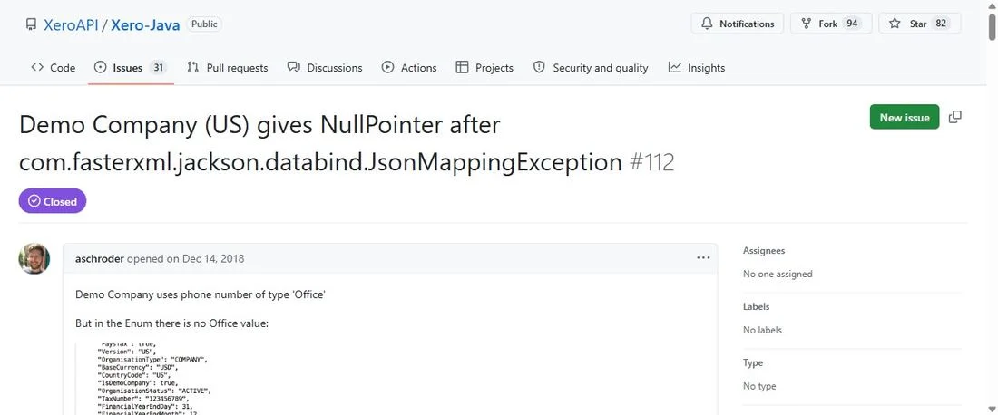 GitHub issue showing a JSON mapping exception caused by an unsupported enum value in an API SDK integration.
