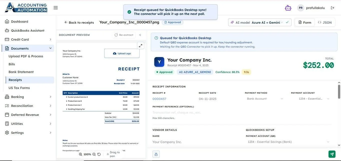 Approved receipt queued for QuickBooks Desktop sync via Web Connector