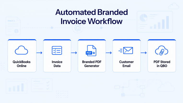 Workflow showing automated branded invoice generation from QuickBooks Online, PDF creation, email delivery, and document storage in QBO.