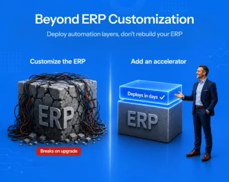 Beyond ERP customization comparison showing a fragile customized ERP versus an automation accelerator layer that deploys quickly without breaking upgrades.