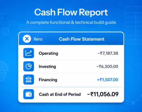 Cash Flow Report dashboard showing a Xero cash flow statement with operating, investing, financing, and ending cash balance for financial reporting.