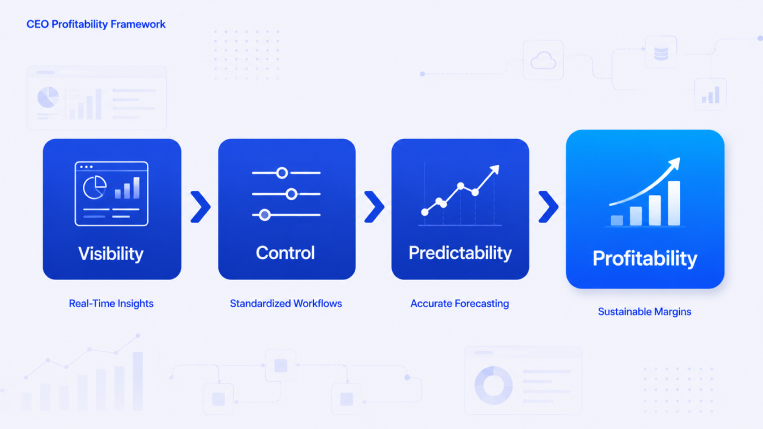 CEO profitability framework illustrating the journey from visibility and control to predictability and sustainable profitability