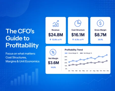 CFO profitability dashboard showing revenue, cost structure, gross margin, net margin, and profitability trends for business growth.