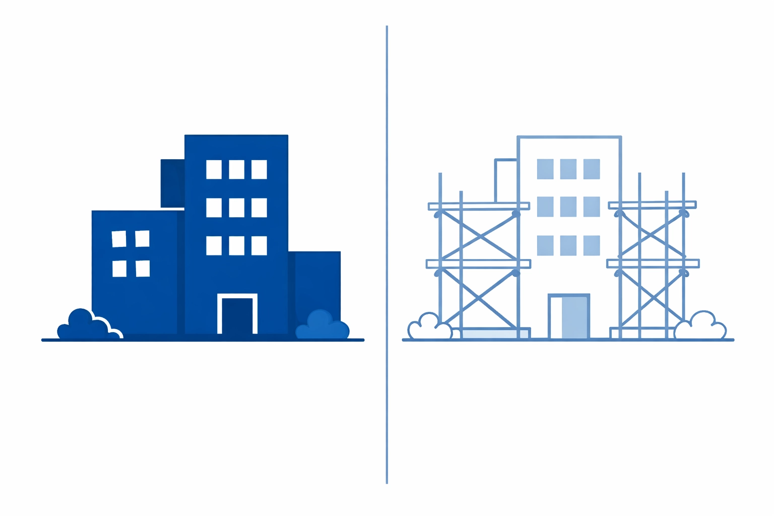 Completed building vs under construction building illustrating owned integration asset versus ongoing iPaaS subscription dependency