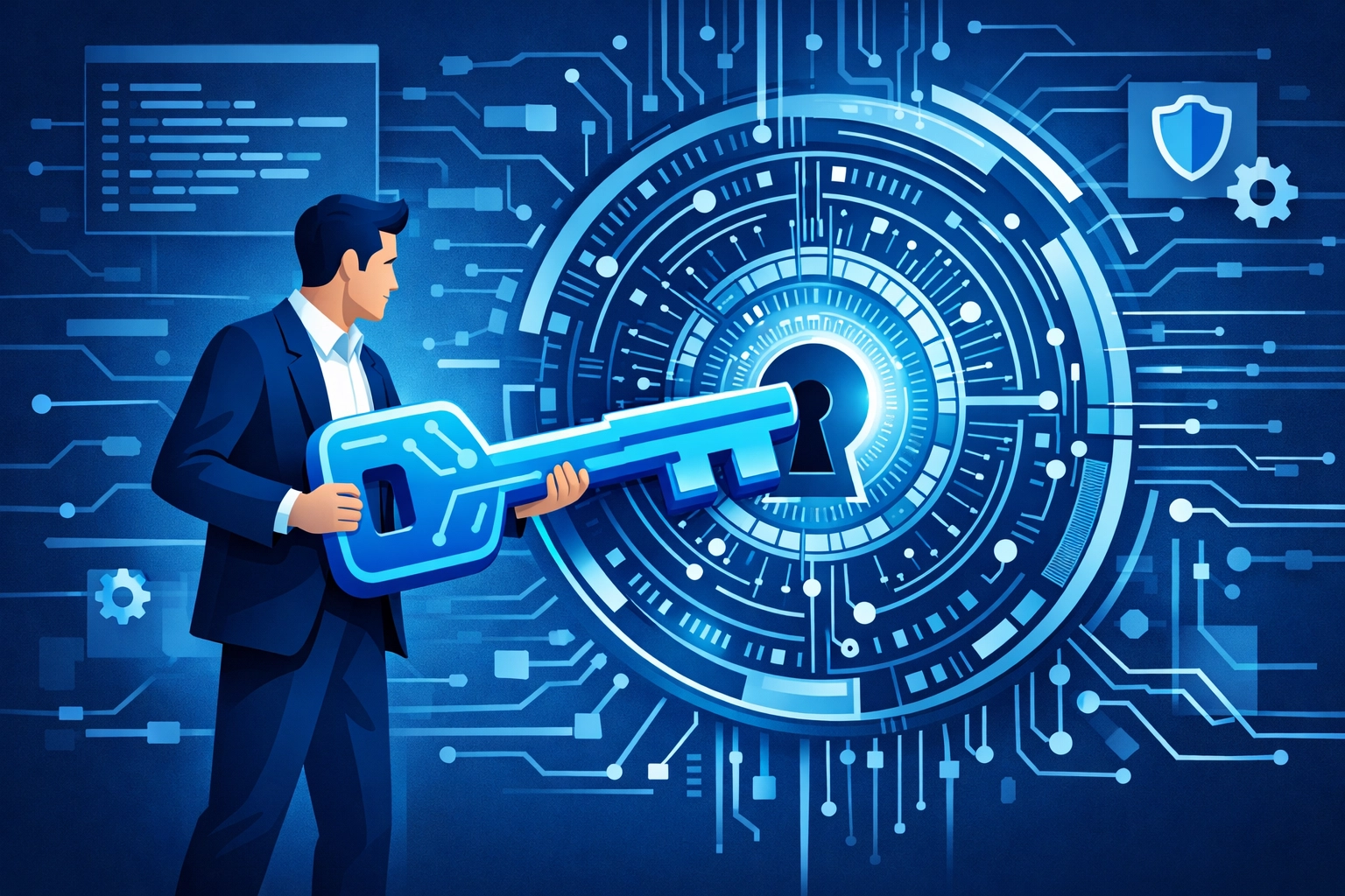 Digital access control and cybersecurity key representing full source code ownership with custom API integration