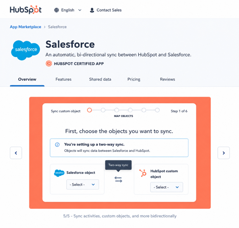 HubSpot Salesforce integration setup showing two-way sync configuration and custom object field mapping workflow.