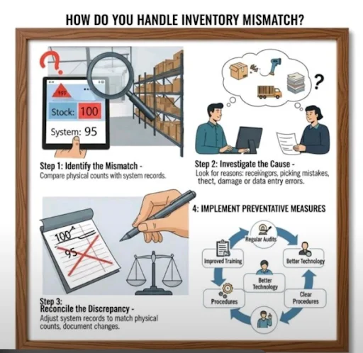 Infographic explaining inventory mismatch resolution with steps to identify discrepancies, investigate causes, reconcile records, and prevent future errors.
