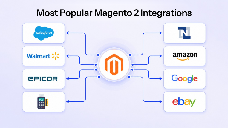Magento 2 integration ecosystem connecting Salesforce, Amazon, Walmart, Google, eBay, NetSuite, Epicor, and POS systems.