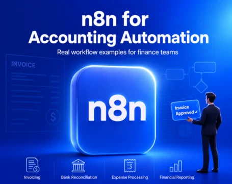 n8n accounting automation platform showing finance workflows for invoicing, bank reconciliation, expense processing, and reporting.