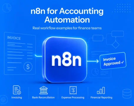 n8n for accounting automation illustration showing automated invoice approval workflows, bank reconciliation, expense processing, and financial reporting for finance teams.