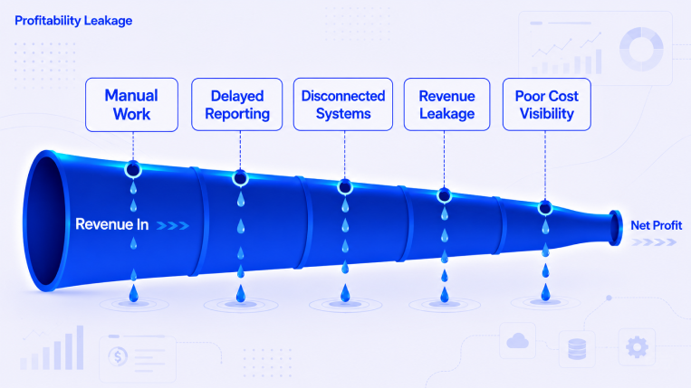 Illustration showing revenue leaking through manual work, delayed reporting, disconnected systems, and poor cost visibility, reducing net profit.