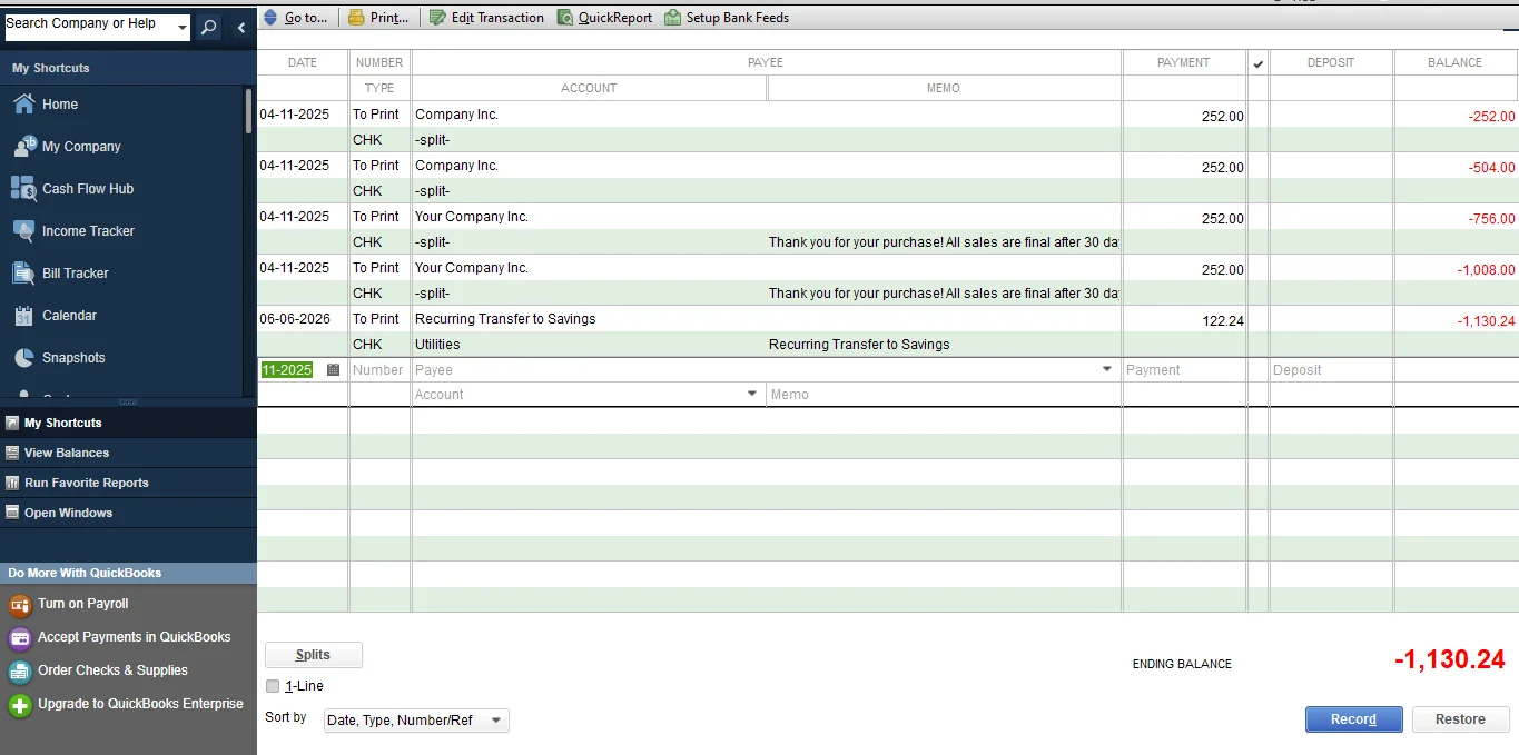 QuickBooks Desktop bank register showing posted receipt transactions after sync