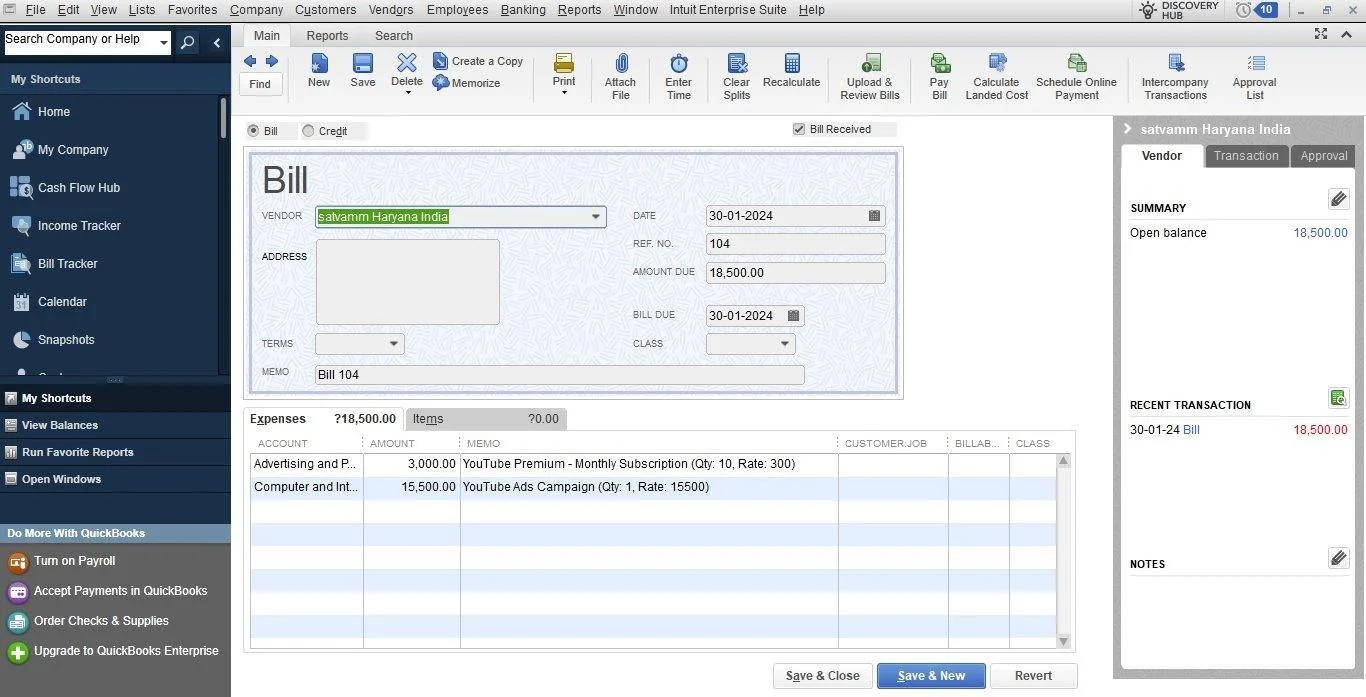 QuickBooks Desktop showing the posted bill with vendor, date, amount, and line items