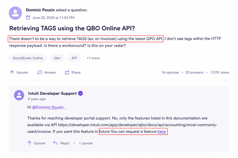 QuickBooks Online API developer discussion showing that invoice tags cannot be retrieved through the QBO API and require a feature request.
