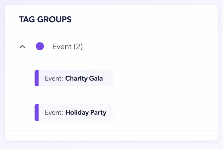 QuickBooks Online tag groups interface showing Event tag group with Charity Gala and Holiday Party tags for transaction tracking.