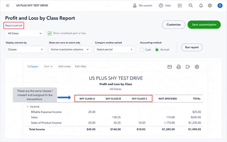 QuickBooks Profit and Loss by Class report showing class-based income tracking, financial analysis, and reporting.