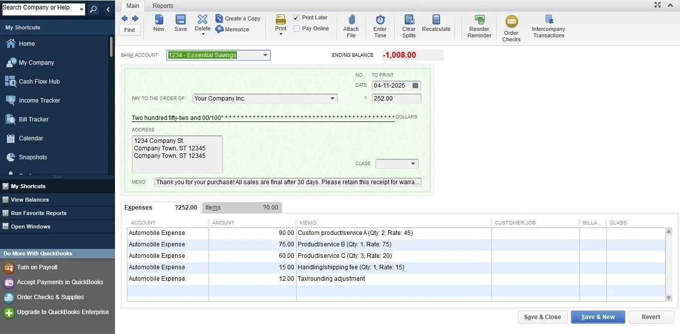 Receipt posted to QuickBooks Desktop as a check transaction with expense line items