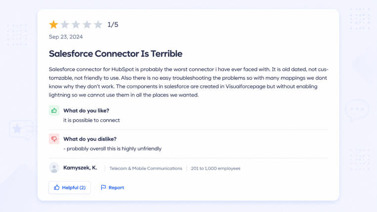 Customer review highlighting Salesforce connector issues, difficult troubleshooting, poor usability and integration challenges.
